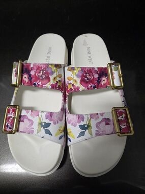 Nine West White Floral Double Strap Slide Sandals NWOT